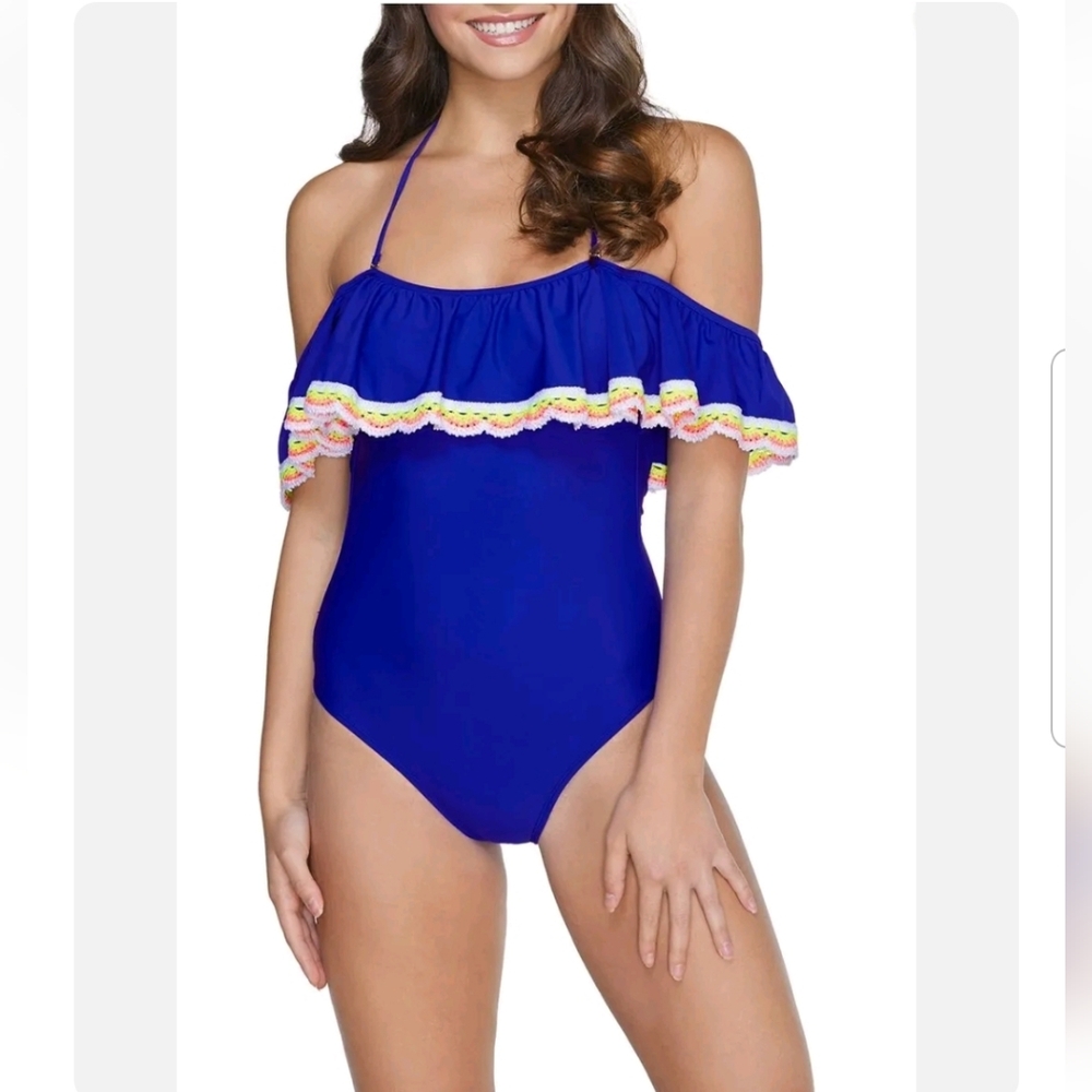 Arizona Jeans Co. Royal Blue Crochet Trim Ruffled Swimsuit NWT Sz. XXL